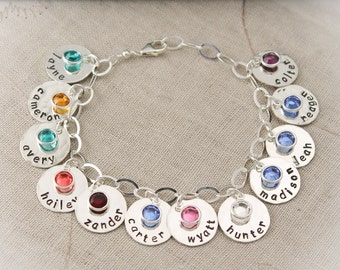 Personalized Mother Charm Bracelet with Birthstones, Mommy Jewelry, Grandma Charm Bracelet, Mother's Day Gift, Gifts for Her, Hand Stamped