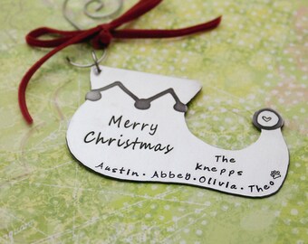 Personalized Elf Shoe Christmas Ornament: Hand Stamped Aluminum