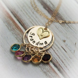 Grandma Necklace with Birthstones Personalize with Grandchildren Hand Stamped Jewelry 14K Gold Filled image 1