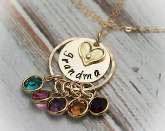 Grandma Necklace with Birthstones Personalize with Grandchildren Hand Stamped Jewelry 14K Gold Filled