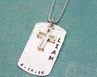 Personalized Sterling Silver Cross Necklace: Hand Stamped Dog Tag, Confirmation Gift