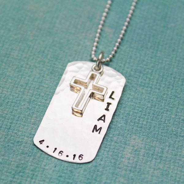 Personalized Boys Confirmation Necklace or First Communion Necklace, Personalized Dog Tag Cross Necklace, Hand Stamped Jewelry