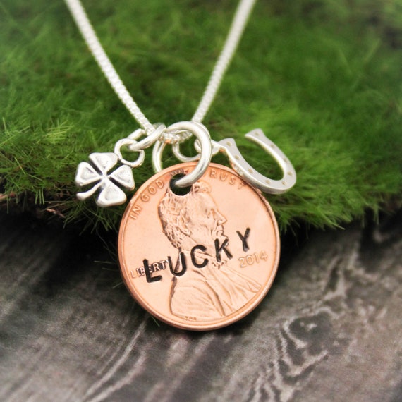 Lucky Penny Necklace Choose Your Penny Year Personalized Sterling Silver Necklace With Initial and Birthstone Hand Stamped Jewelry Etsy