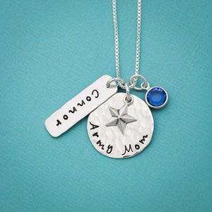 Army Mom Necklace in Sterling Silver with Star Charm, Name and Birthstone Customized