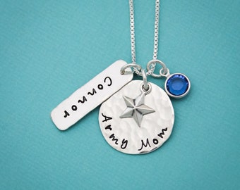 Army Mom Necklace in Sterling Silver with Star Charm, Name and Birthstone Customized