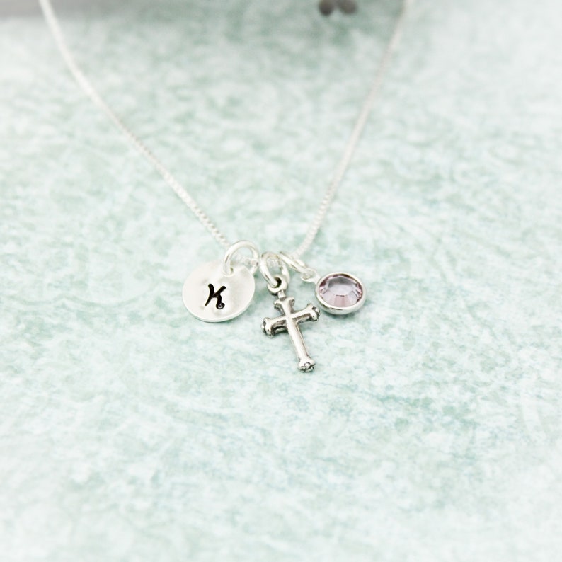 Cross Charm Necklace, Confirmation Cross Necklace, First Communion Cross Necklace, Personalized Hand Stamped Jewelry image 4