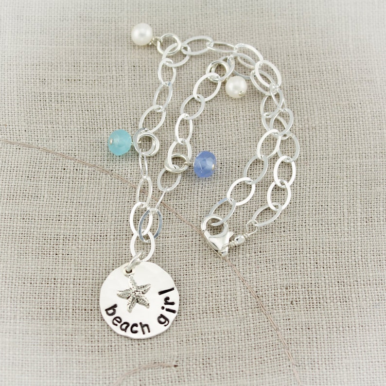 Beach Girl Anklet Hand Stamped Personalized Sterling Silver Starfish With Sea Glass & Pearl Charms image 3