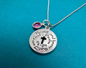 Be Still Cross Necklace Stainless Steel with Birthstone
