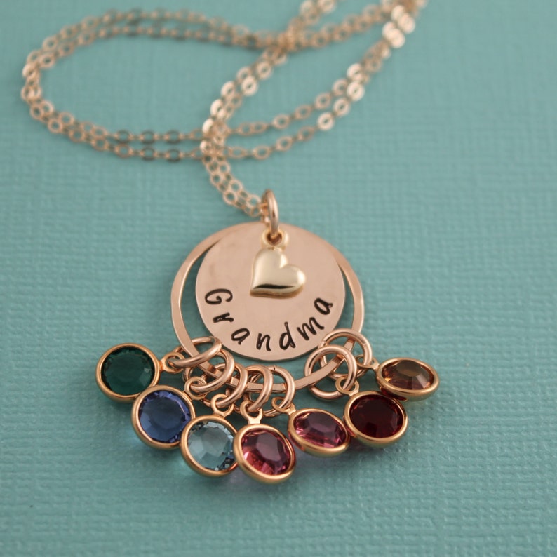 Grandma Necklace with Birthstones Personalize with Grandchildren Hand Stamped Jewelry 14K Gold Filled image 2