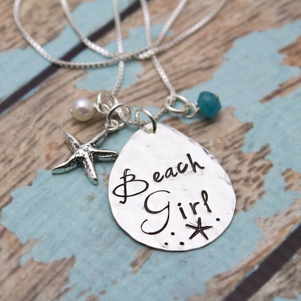 Beach Girl Stamped Sterling Silver Necklace: Starfish, Pearl & Aqua