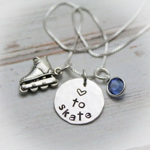 Sterling Silver Skater Necklace: Inline Skate Charm, Personalized Disc & Birthstone