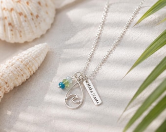 Sterling Silver Wave Necklace: Teardrop Charm, Ocean Beads, 'Make Waves' Tag