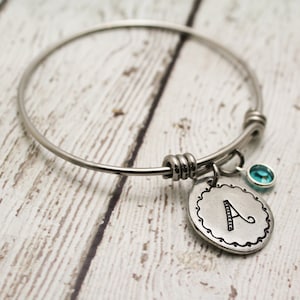 Initial and Birthstone Adjustable Style Bangle Personalized Hand Stamped Bracelet