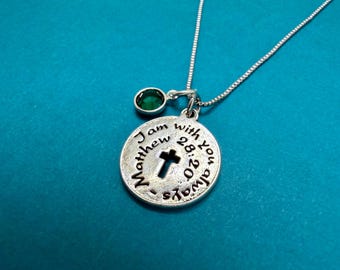 I am with You Always Cross Necklace Stainless Steel with Birthstone