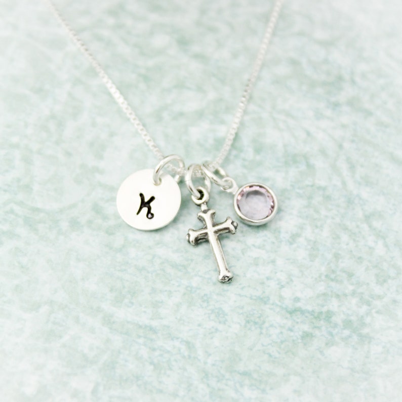 Cross Charm Necklace, Confirmation Cross Necklace, First Communion Cross Necklace, Personalized Hand Stamped Jewelry image 2