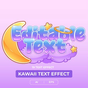 Puede incluir: Un diseño gráfico con las palabras "Editable Text" en un estilo de letras de burbujas, con una luna creciente, estrellas y nubes. El texto "KAWAII TEXT EFFECT" se muestra en una pancarta púrpura.