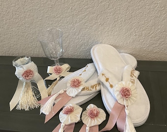 Cadeauset bruidsmeisje, pantoffels bruidsmeisje, cadeau bruidsfeest, haarspeldjes, kaarsenhouder, wijnglas, bruids- en bruidsmeisjesset van 22 stuks