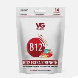 May include: A white resealable bag of Vita-Globe B12 Extra Strength gummies. The bag features a red circle with "B12" and "Vitamin" in white. The bag also states "Increased Energy & Cognitive Health" and contains 14 gummies.