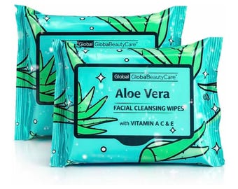 Toallitas faciales limpiadoras de aloe vera (paquete de 2, 25 toallitas cada uno) – Desmaquillante sin alcohol con vitaminas A, C y E