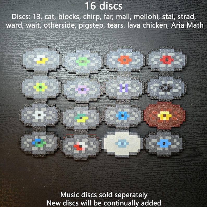 May include: A collection of 16 pixelated music discs arranged in a grid. The text reads: 16 discs, Discs: 13, cat, blocks, chirp, far, mall, mellohi, stal, strad, ward, wait, otherside, pigstep, tears, lava chicken, Aria Math, Music discs sold seperately.