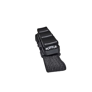 May include: A black tactical belt clip with a textured, ridged top and a woven nylon strap. The clip features a series of small, rectangular openings. The design is simple and functional, suitable for attaching to a belt or other gear.