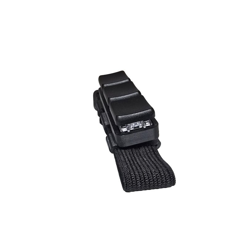 May include: A black tactical belt clip with a textured, ridged top and a woven nylon strap. The clip features a series of small, rectangular openings. The design is simple and functional, suitable for attaching to a belt or other gear.