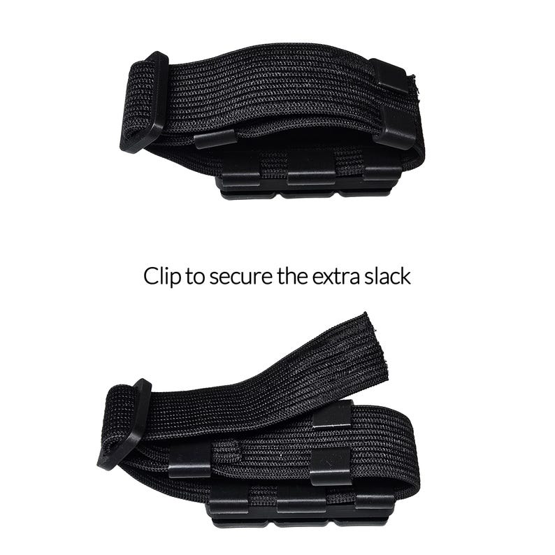 May include: Two black elastic straps with plastic clips, designed to secure extra slack. The text "Clip to secure the extra slack" is displayed below the straps. The straps are shown in two different configurations.