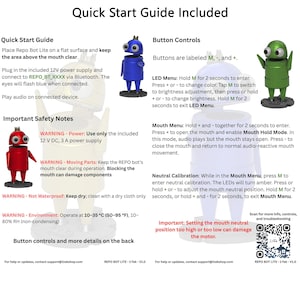 May include: A Repo Bot Lite quick start guide featuring text instructions, safety warnings, and button control details. The document displays three small robot figures in red, blue, and green, each with large eyes and a mouth, alongside a QR code.