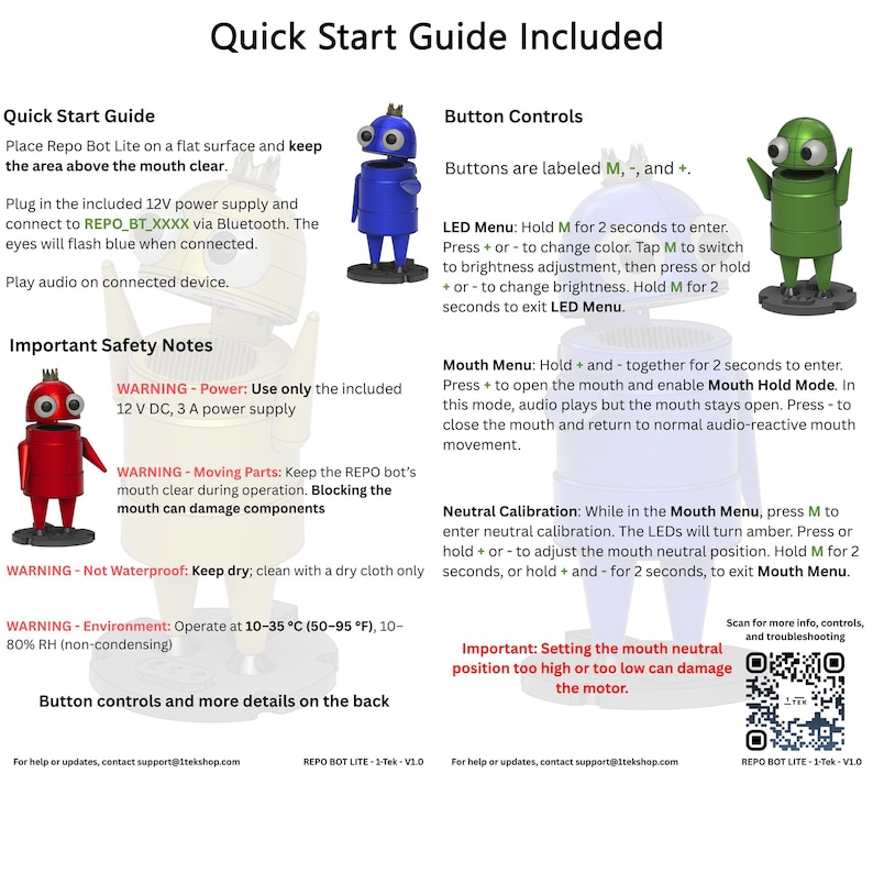 May include: A Repo Bot Lite quick start guide featuring text instructions, safety warnings, and button control details. The document displays three small robot figures in red, blue, and green, each with large eyes and a mouth, alongside a QR code.