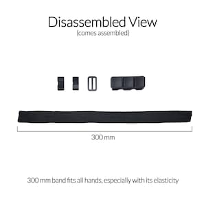 May include: A black elastic band and several black plastic components are displayed, with the text "Disassembled View" and "300 mm" visible. The text "300 mm band fits all hands, especially with its elasticity" is also present.