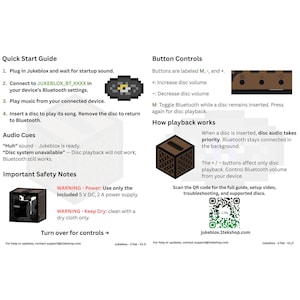 May include: A white instructional document for the Jukeblox device, featuring a Quick Start Guide, Button Controls, and Audio Cues. It includes a pixel-art disc icon, a diagram of the device, a QR code, and text detailing power requirements of 5 V DC, 2 A.