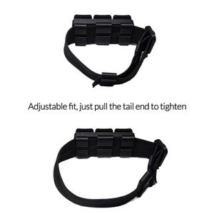 May include: Black adjustable belt with three rectangular compartments. The text "Adjustable fit, just pull the tail end to tighten" is displayed below the belt. The belt is designed to be tightened by pulling the tail end.
