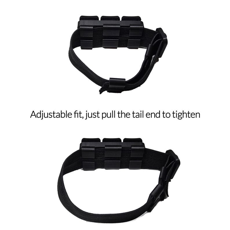 May include: Black adjustable belt with three rectangular compartments. The text "Adjustable fit, just pull the tail end to tighten" is displayed below the belt. The belt is designed to be tightened by pulling the tail end.