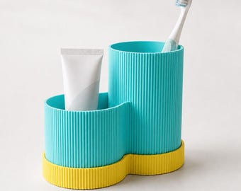 Double Toothbrush Holder, Ribbed Bathroom Organizer, Custom Color Toothpaste Stand