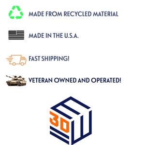 Puede incluir: Gr&aacute;fico blanco con el texto "&iquest;POR QU&Eacute; ELEGIRNOS?" e iconos que representan materiales reciclados, EE. UU., env&iacute;o r&aacute;pido y propiedad de veteranos. Tambi&eacute;n se incluye el logotipo de "ELEVATE 3D WORKS".