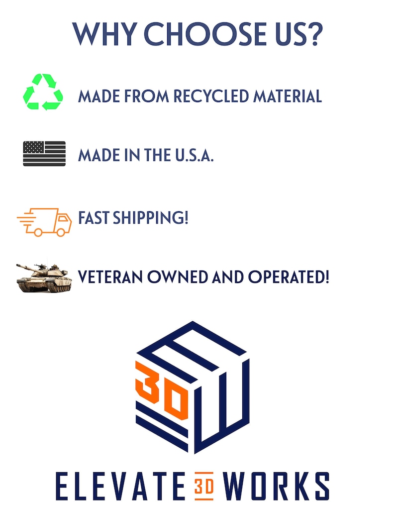 Puede incluir: Gr&aacute;fico blanco con el texto "&iquest;POR QU&Eacute; ELEGIRNOS?" e iconos que representan materiales reciclados, EE. UU., env&iacute;o r&aacute;pido y propiedad de veteranos. Tambi&eacute;n se incluye el logotipo de "ELEVATE 3D WORKS".