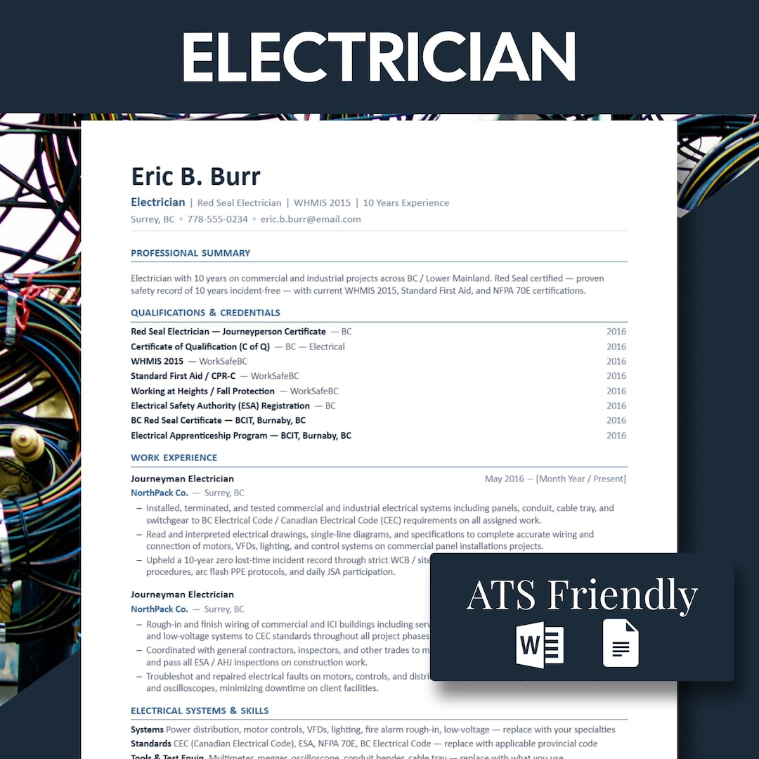 Electrician Resume Template | Red Seal, ATS Friendly (google Docs, Word ...
