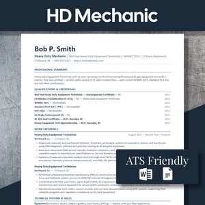 May include: A Heavy Duty Mechanic's CV, with the title "HD Mechanic" at the top. The document details professional experience, qualifications, and technical skills. The text "ATS Friendly" is visible, along with a word document icon.