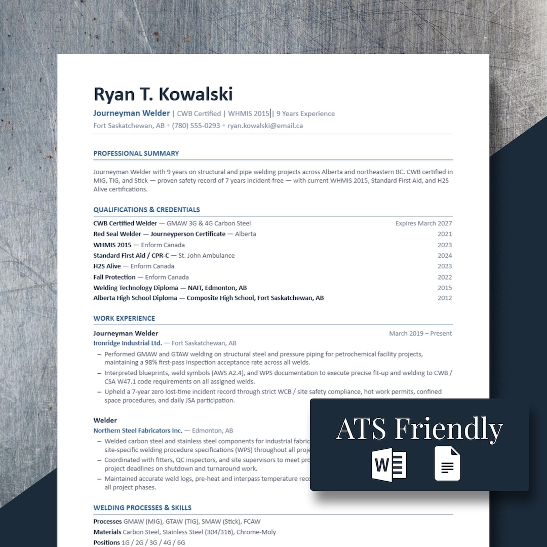 Cwb Letters Welder Resume Template Canada | CWB Red Seal CV + Cover Letter (google ...