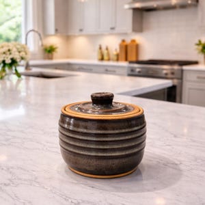 Hand thrown ceramic salt cellar salt crock pot Smokey blue gray rusty twilight