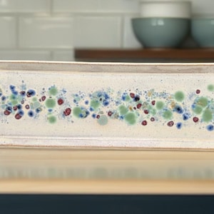 Large handmade ceramic serving platter tray speckled creamy white blue green maroon pebble tie-dye