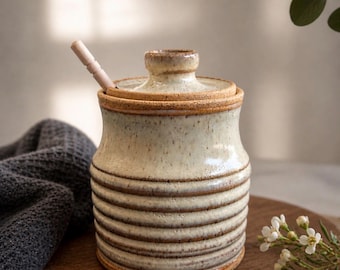 Handmade Honey Pot with Dipper | Neutral Beige Ceramic Honey Jar | Lidded Sugar Bowl | Speckled Stoneware | Kitchen Decor Gift