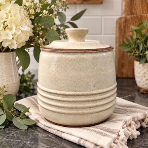May include: A cylindrical ceramic canister with a speckled cream glaze and a matching lid. The body features three horizontal embossed rings around the lower section and a dark brown rim accent on the lid. The canister has a smooth finish.
