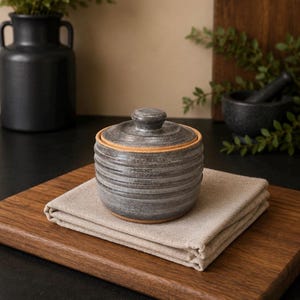 Handmade Ceramic Graphite Slate Gray Salt Cellar with Lid | Satin Matte Charcoal Pottery | Handmade Kitchen Storage Jar | Rustic Modern gray
