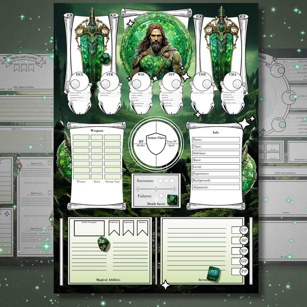 Bold Barbarian Character Sheet Bundle in Green Dnd 5E Printable Fantasy ...