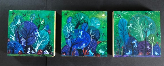 キャンバスドローイング『The forest at night』 Vintage Forest at Night Painting, Forest Art Print