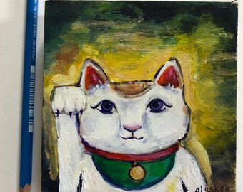 Lucky Cat Tiny Painting  4 " square