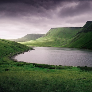 Dramatic landscape print of Llyn Y Fan Fach under stormy sky, high quality photo art on Fuji matte paper, available framed or unframed