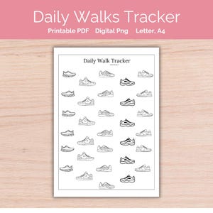 Op de afbeelding: Een printbare dagelijkse wandelingentracker met een maandelijkse kalender. De tracker heeft een raster met 30 zwarte en witte schoenomtrek om elke dag van de maand te markeren.