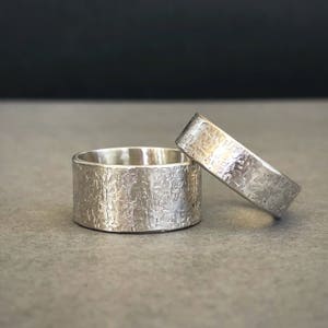 Textured Wide Band Wedding Band Pair, 10 mm and 6 mm